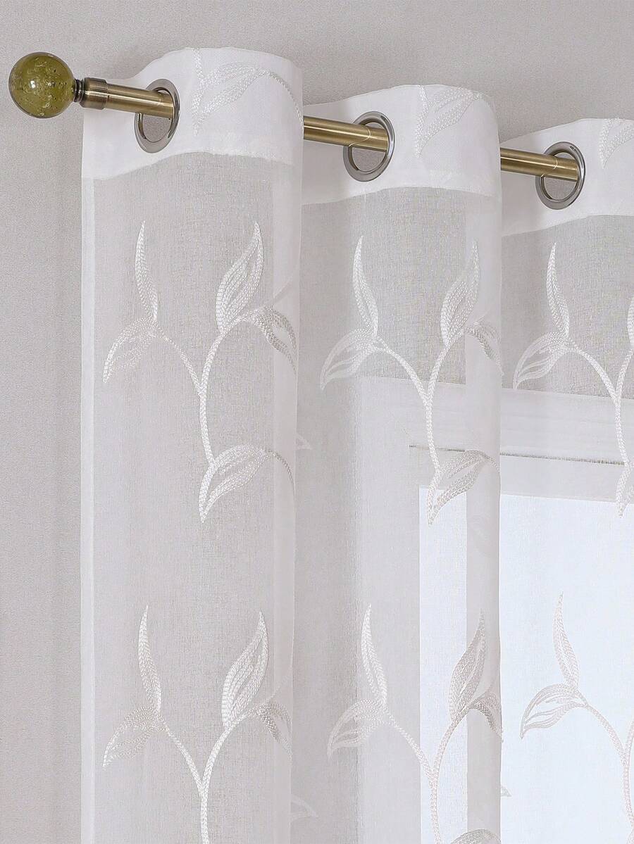2pcs Sheer Curtains, Decorative Embroidered Faux Linen Curtains, Suitable For Home Kitchen, Living Room And Bedroom - White - View 1