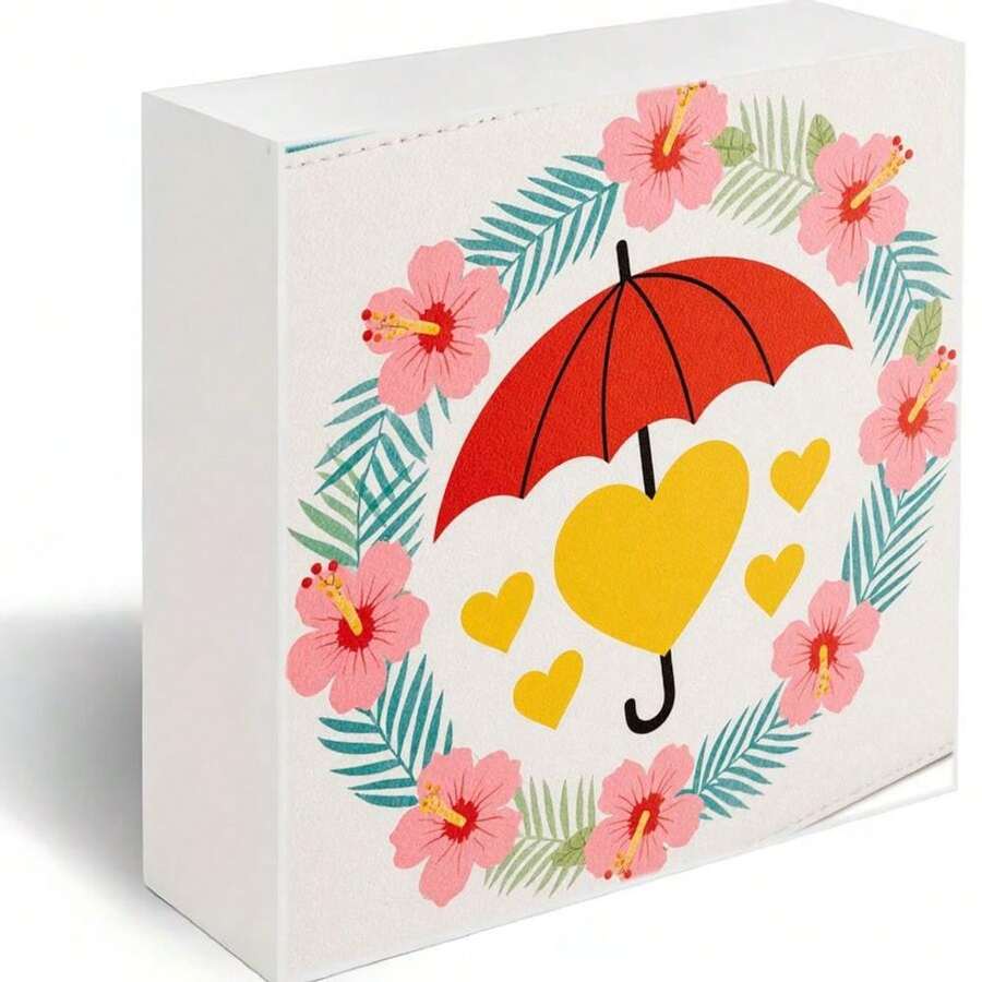 Decorative White Wooden Box With Red Umbrella, Yellow Hearts, And Pink Hibiscus Flowers - Tropical Summery Bright Cheerful Design For Home Decor Or Gift - White - View 1