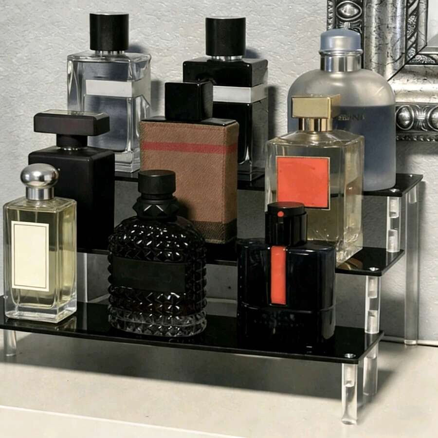 1pc Black Acrylic Multi-Tier Perfume Display Stand, Multifunctional Storage Organizer. Can Be Used As Jewelry Holder, Vanity Organizer, Perfume Rack, And Other Item Storage. Bathroom Accessories And Room Decor.