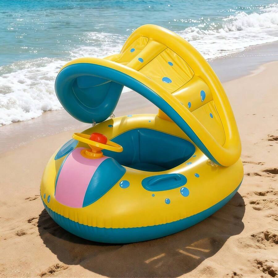 1pc Inflatable Baby Swimming Ring With Handle, Suitable For Beach & Pool, Comes With Adjustable Sunshade Canopy, Can Be Used As Inflatable Seat - Yellow - View 1