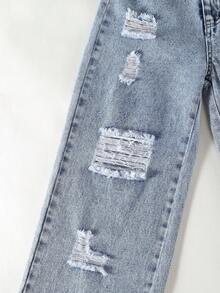 1pc Girls' Fashion Distressed Straight Leg Casual Jeans Pants - Light Wash - View 6