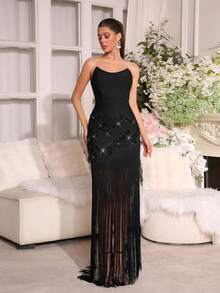 新款性感粉色3D立体花卉钻石装饰露肩露背流苏连衣裙，伴娘礼服，优雅女士节日派对正式晚礼服 - 黑色 - 查看 7