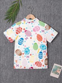 男童复活节可爱彩蛋印花短袖衬衫，休闲舒适，活泼可爱，适合派对、户外活动、日常穿着、节日和假期穿着。 - 彩色 - 查看 2