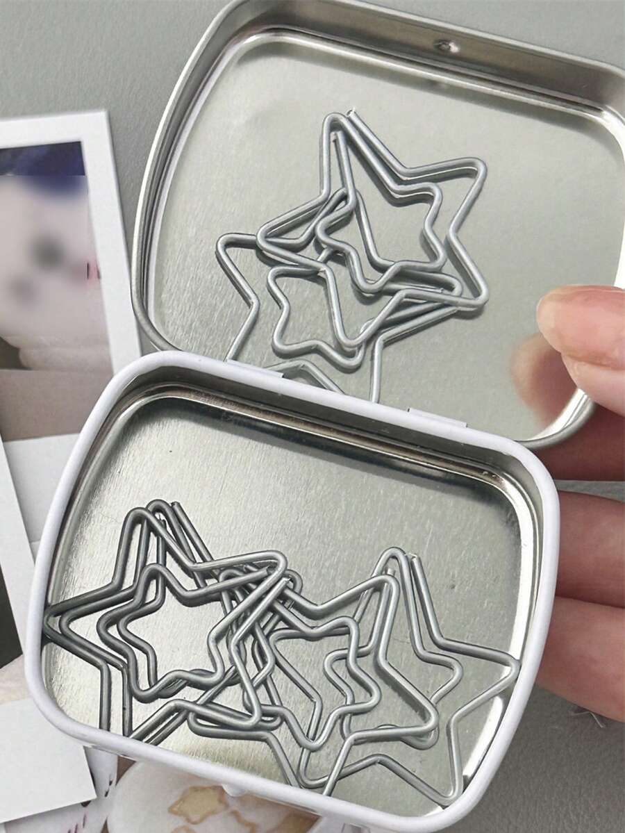 10Pcs/Set Five Pointed Star Paperclip Star Cute Silver Bookmark High Aesthetic Value Hand Account Material Fixed Irregular Shape Card Out, Packaging Material - Pentagram - View 1