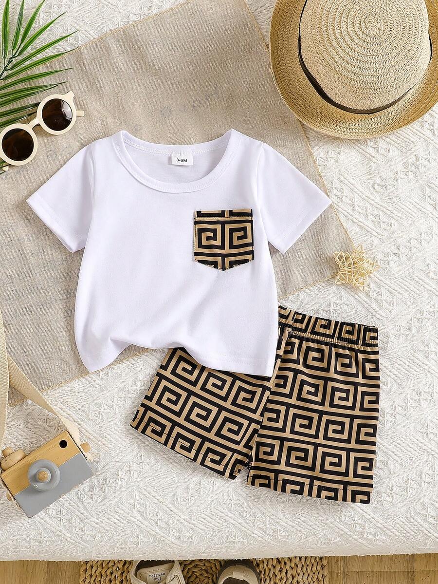 Infant Boys' Fashionable Casual Knit Crew Neck Short Sleeve Geometric Pattern Pocket T-Shirt And Woven Elastic Waist Geometric Pattern Shorts Set, Summer - White - View 1