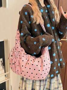 韩版时尚小众设计波点饺子包，女士时尚百搭通勤休闲外出褶皱抽绳单肩斜挎包 - 粉色 - 查看 4