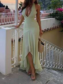 Vestido halter elegante, casual, romántico, encantador, sexy y lindo para citas y fiestas - Verde - Ver 5