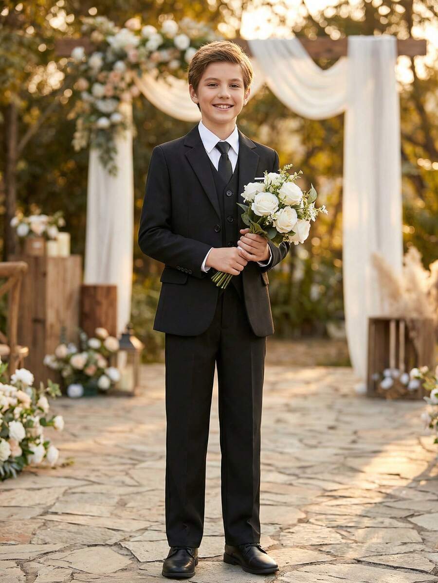 Teen Boys Suits 4-Pieces Suit Set Toddler Tuxedos Dresswear Ring Bearer Outfit Wedding Blazer Vest Pants Tie Formal Suits For Teen Boy Birthday Wedding Graduation Wedding Guest Pageboy Black Size 6-16Y - Black - View 1