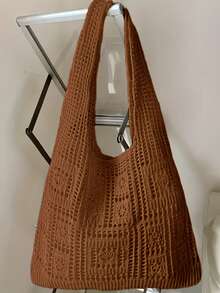 Minimalist Crochet Hollow Design Bag, Travel/Study Bag, Large Capacity, Portable, Suitable For Teenage Girls, Women, College Students, Office Ladies, Perfect For Work, Back To School, Middle School, High School, University, Vacation And Various Occasions , Crochet, Holiday - Beige - View 9