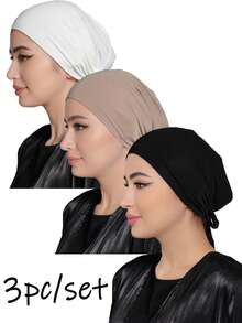 1pc/2pcs/3pcs Women's Elastic Tie-Back Solid Color Basic Hijab Caps, Modal Hijab Caps, Adjustable Jersey Wraps,Suitable Hijabi - Multicolor - View 1