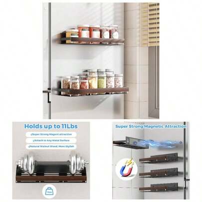 Organizador magnético de especias de nogal para montaje en pared o refrigerador, estantería magnética para frascos de especias y condimentos, paquete de 2