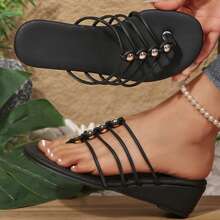 Boho Dressy Cute Clip Toe Sandal Wedge Sandals Women's Gold Strappy Sandals Round Toe Wedding Slides Shoes For Summer Beach - 黑色 - 查看 5
