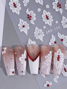 2 piezas Pegatinas de uñas 5D con elegantes pétalos blancos, diseño de joyería con flores rojas y cristales, decoración de uñas autoadhesiva para regalo de mujeres y niñas, suministros para manicura de salón - Multicolor - Ver 8
