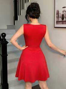 abyoxi 女士红色深V领无袖蝴蝶结A字荷叶边下摆修身迷你连衣裙，性感休闲，甜美性感少女风，浪漫约会、派对、日常穿着、情人节、新年、春夏紧身迷你连衣裙 - 紅色 - 查看 2