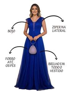 Grife Velasco Elegant Long Party Dress For Bridesmaids, Wedding, With Glitter, Ruffles, And Short Sleeves. - 寶藍色 - 查看 3