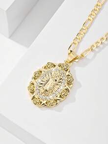 1pc Classic European Style Copper Inlaid Zirconia Rose Guadalupe Virgin Mary Pendant Necklace, Limited Edition, Suitable For Christmas, Thanksgiving, Halloween, Mother's Day, Valentine's Day, Gifts For Couples, Friends, Godparents, First Holy Communion, Daily Wear And Prayer - Yellow Gold - View 3