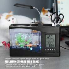 Acuario Recargable por USB con Luz LED, Pantalla LCD para Hora, Fecha, Temperatura, Soporte para Bolígrafo, Decoración para Sala de Estar, Dormitorio, Oficina (Negro) - Negro - Ver 3