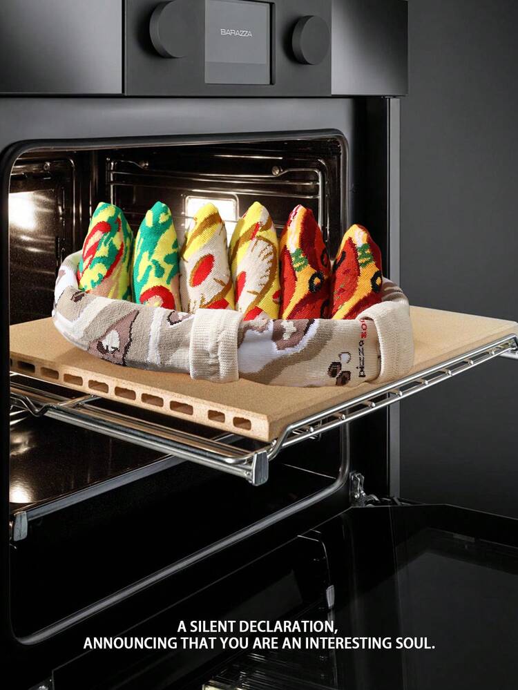 CREATOR SOCKS 4双装多色中筒袜，男女通用，情侣款，柔软舒适，披萨及创意美食图案，百搭实用，适合生日、情人节、复活节、约会、家庭聚会、派对及节日等场合。 - 彩色 - 查看 4