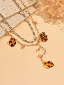 2件套小众百搭水晶水钻豹纹花朵Y字项链，时尚女士颈饰，适合日常佩戴和派对，链长可调节