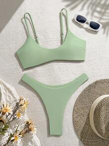 性感抹胸比基尼套装，女士休闲泳装，带搭扣细节，中等弹力 - 軍綠色 - 查看 5