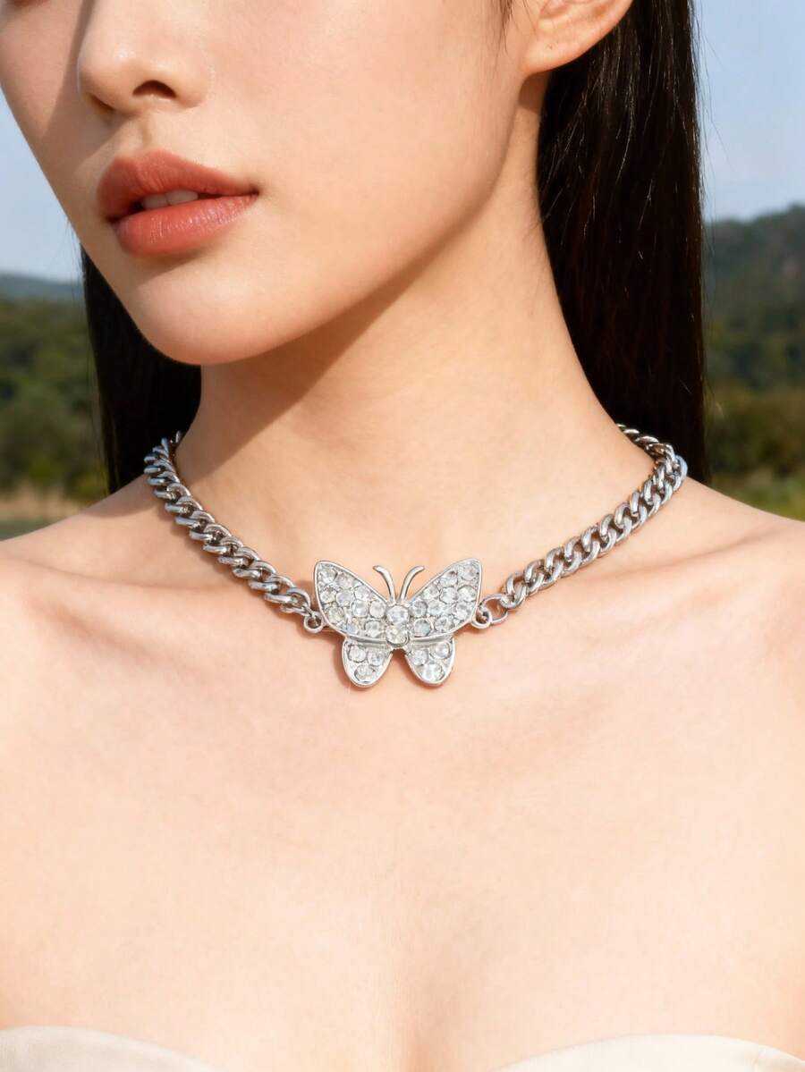 1件复古百搭优雅宫廷风田园简约低饱和度蝴蝶吊坠项链 - 銀色 - 查看 1