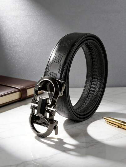 1pc Men's Casual Business Leather Belt - Geometric Pattern Metal Automatic Buckle Belt, Luxury Plaid Design, Waterproof, Suitable For Business Suits/Casual Jeans, Ideal Christmas/Birthday Gift