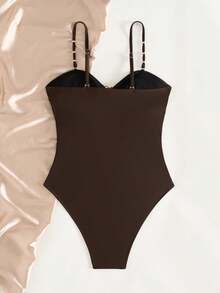 1pc Elegant Solid Color Knit Fabric Swimsuit, Suitable For Beach Vacation All Year Round Summer - Brown - View 4