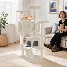 LILIIN Cat Tree Type A 130 Cm, Climbing Tower With Soft Plush, Sisal-Wrapped Scratching Posts, Cat Cave And Platforms, Cat Tree/Cat House For Large And Small Cats, Dark Grey/Light Grey/Beige