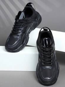 男士运动鞋休闲鞋，系带软底平底舒适学院风运动鞋，轻便低帮日常鞋 - 黑色 - 查看 3