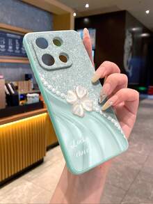 1 pieza Funda de teléfono de silicona suave con patrón de trébol de perlas falsas, minimalista y de lujo, a prueba de golpes y antihuellas dactilares, compatible con Android Smartphones - S25Ultra/S24Ultra/S23Ultra/S22Ultra, compatible con Redmi 12/Note 13, compatible con OPPO, compatible con la serie Realme, versión internacional, no la versión nacional - cian claro - Ver 3