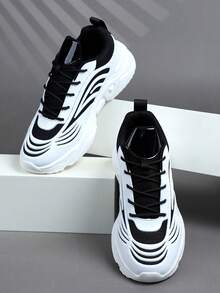 Men's Sports Shoes Casual Sneakers, Lace Up Soft Sole Flat Comfortable Academy Sports Shoes For Men, Lightweight Low-Top Daily Shoes - Black and White - View 3