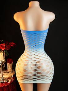 Sexy Ombre Blue & White Hollow Out Strapless Mini Dress, Suitable For Party Night - Blue - View 3