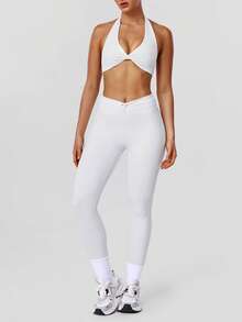 Sodalemon Women's 2 Pieces Workout Set, Twist Back Camisole Sports Bra, Seamless, Twist Waist Band, Seamless Tight Yoga Pants, Solid Color Outdoor Casual Sports Suit - White - View 5