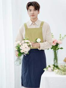 撞色交叉后背烹饪围裙，男女通用，带口袋，宽肩带，侧开衩设计，活动自如，适合烘焙、绘画、制作珍珠奶茶、火锅、餐饮服务（藏青色+浅绿色） - 藏蓝色 - 查看 3