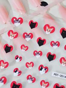 1片可爱猫咪浮雕美甲贴纸，自粘亮面美甲装饰，红色爱心图案，卡通主题，不对称形状，适合女性一次性DIY美甲沙龙用品美甲贴纸 - 彩色 - 查看 3