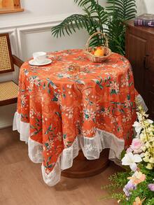 1 pièce Nappe vintage française à imprimé floral avec dentelle, décoration d'intérieur pour table de chevet, table basse, table à manger, décoration de fête - Orange - Voir 9
