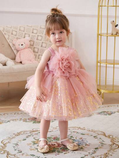 Baby Girls' Pink Tulle 3D Floral Sequin Elegant Party Dress, Princess Dress Suitable For Baby's 1st Birthday Party, Wedding, Formal Occasions, Flower Girl Dress