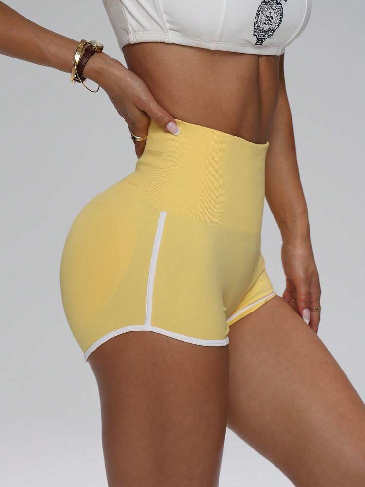 PinkTip Yellow Ribbed Yoga Shorts, Seamless Shaping, High-Waist Anti-Friction Design, Suitable For Pilates And Casual Sports - Yellow - View 6