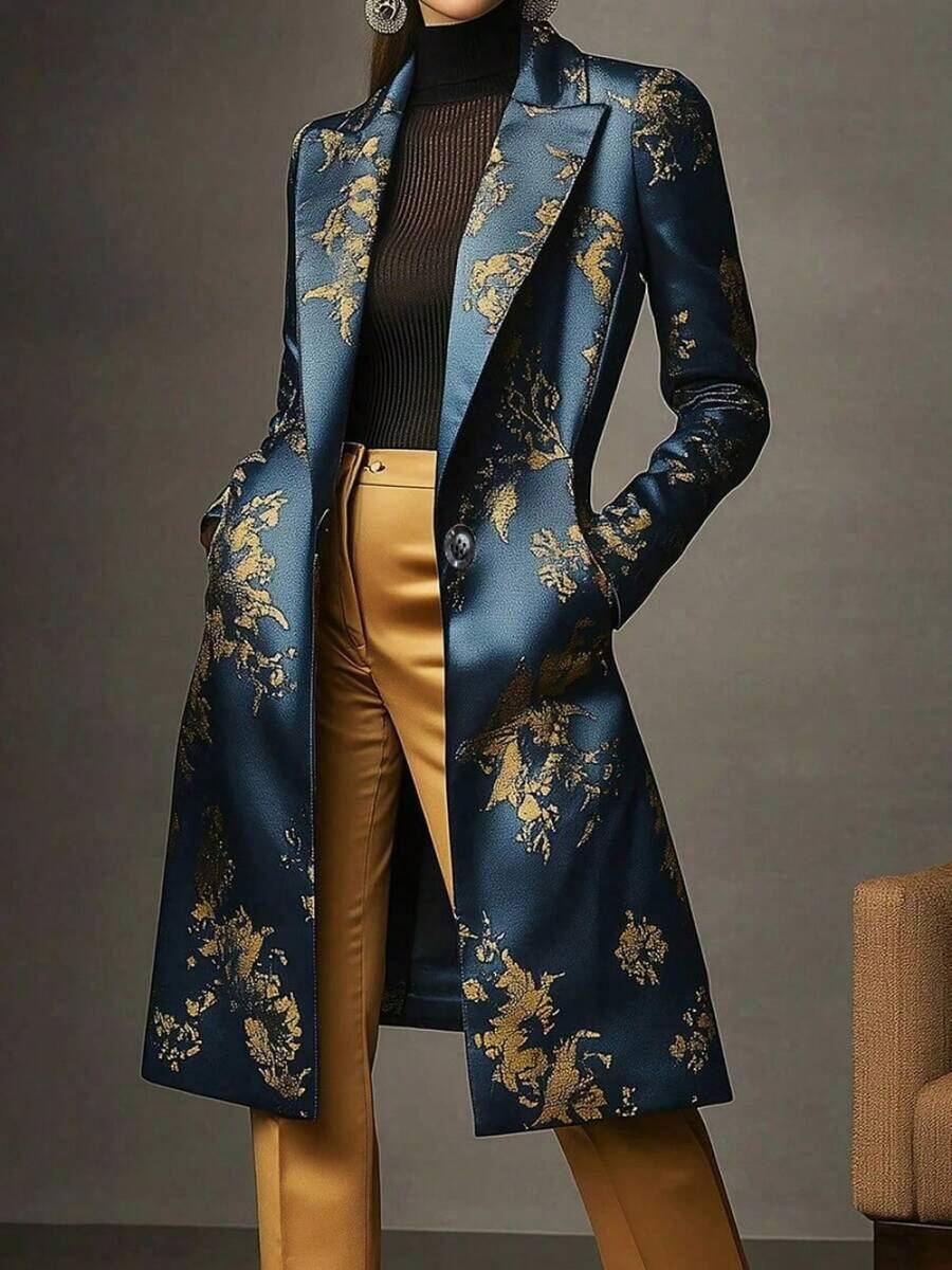 Women's Elegant Peaked Lapel Printed Long-Sleeved Mid-Length Suit Jacket Coat - Màu xanh hải quân - Xem 1