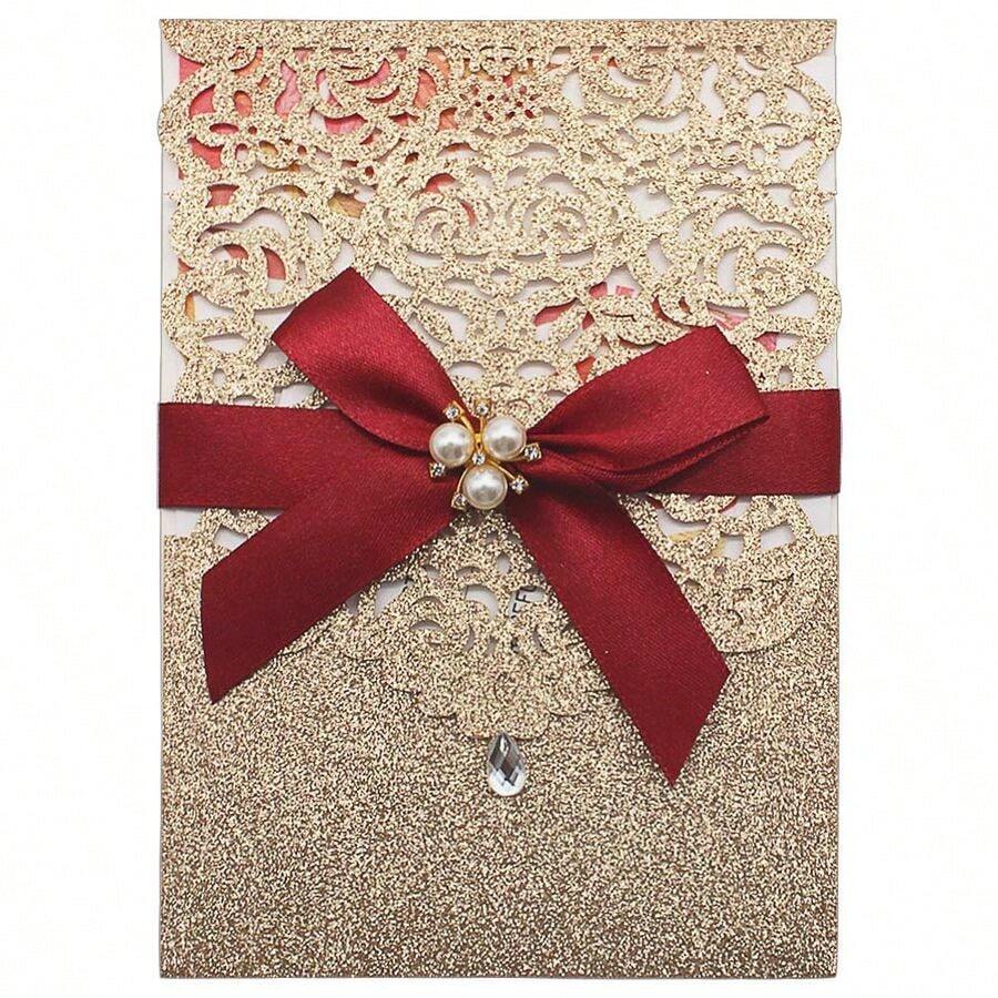 invitaciones de corte lser con purpurina dorada con tarjetas y sobres RSVP de lujo diseo de diamante y cinta con inserto de papel perla de 250 g m2 para boda, compromiso, cumpleaos - 25 piezas DoradoGlitterGo - Ver 1