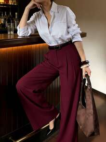DONICY 1PC Women's Solid Wine Red High-Waist Pleated Wide-Leg Pants Office Workwear Suit Fabric Long Trousers Medium-Thickness Breathable Elegant Business Casual Pants Spring Autumn Valentine's Day Dating Commute Wear