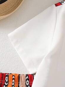 两件套男童斋月图案拼接短袖衬衫配短裤，休闲日常装 - 亮橙色 - 查看 4