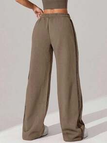 1pc Women's Waffle Knit Loose Straight Leg Drawstring Waist Contrast Color Simple Fitness Sports Pants, Spring/Summer - Màu Khaki - Xem 3