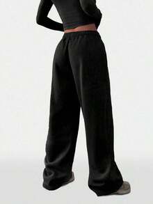 Plus Size Women Solid Color Casual Loose Pocket Sweatpants - 黑色 - 查看 5