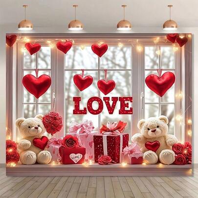 1 件情人节横幅，图案包含礼物熊、窗户和“爱”字设计，采用涤纶面料制成，适用于派对、庭院、家居装饰、婚礼、告白日和情人节主题装饰。