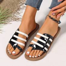 女士黑白拼接休闲沙滩凉鞋，百搭平底拖鞋 - 黑與白 - 查看 3