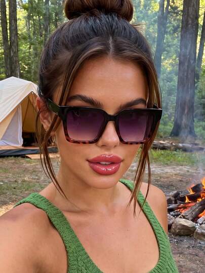 1 Pair Unisex Leopard Print Contrast Color Square Sunglasses, Suitable For Elegant Attire, Travel, Sports, Driving, Festivals, Beach, Music Festivals, Outings, Summer Accessories, Vacation, Family Outings, Golf, Hiking, Street Style Accessories, Sports, Parties, Outdoor Activities, Street Style