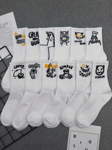 1/5/10双装随机涂鸦字母图案机器人滑板街头风篮球袜，中筒高腰男女通用运动袜，四季皆宜 - 白色 - 查看 4