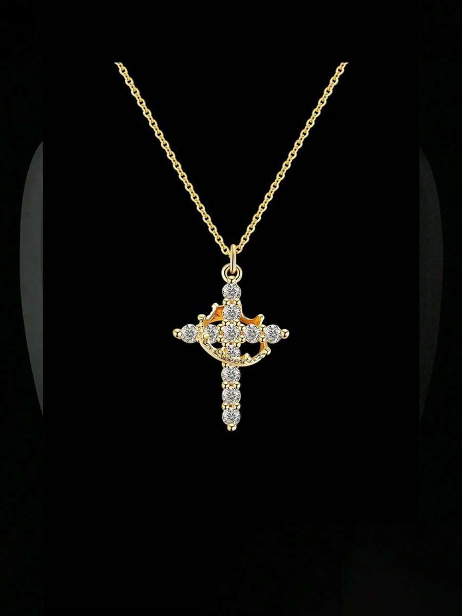 一款简约时尚的个性化十字皇冠项链，配有可旋转的圆形十字吊坠。