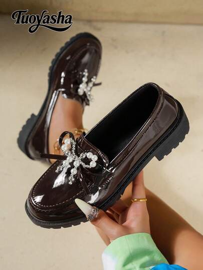 Beaded Design Women's Comfortable Slip-On Loafers, Chunky Heel Oxford Shoes, Retro Platform Thick Sole Round Toe Shoes, Leather Material, Vintage Fashion Chunky Heel, Suitable For Music Festivals, Halloween, Christmas